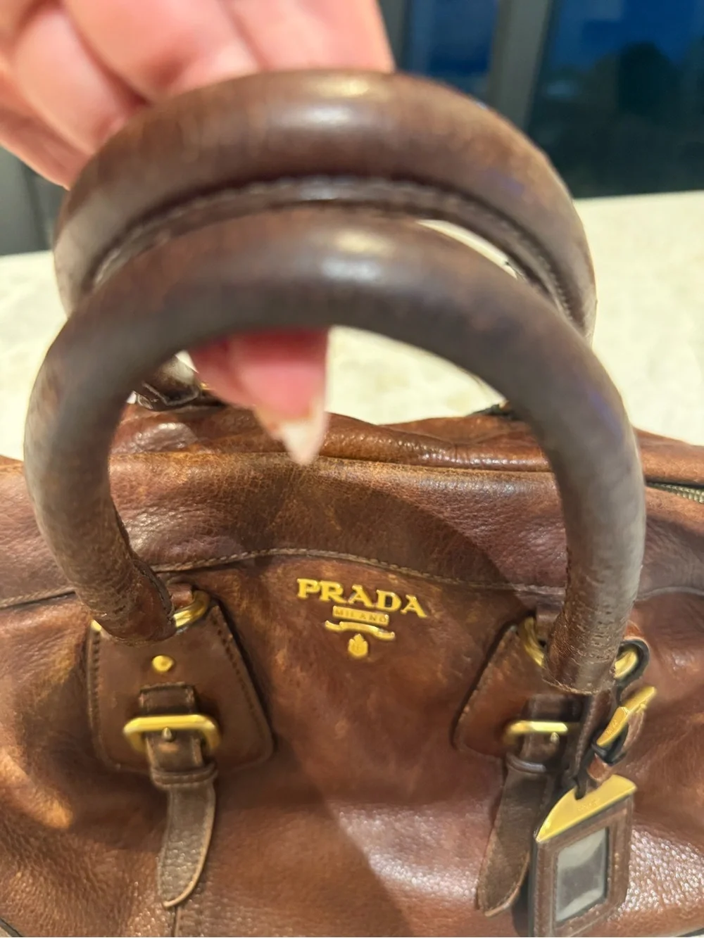 Prada Cognac Leather Satchel with Gold Hardware